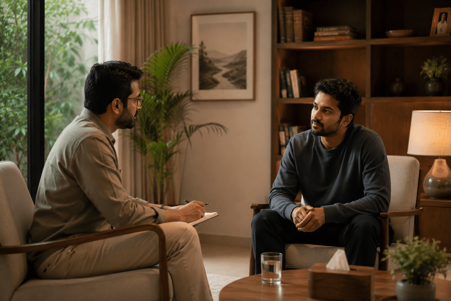 An Indian patient mid-conversation in a one-on-one de-addiction counselling session at SimranShri