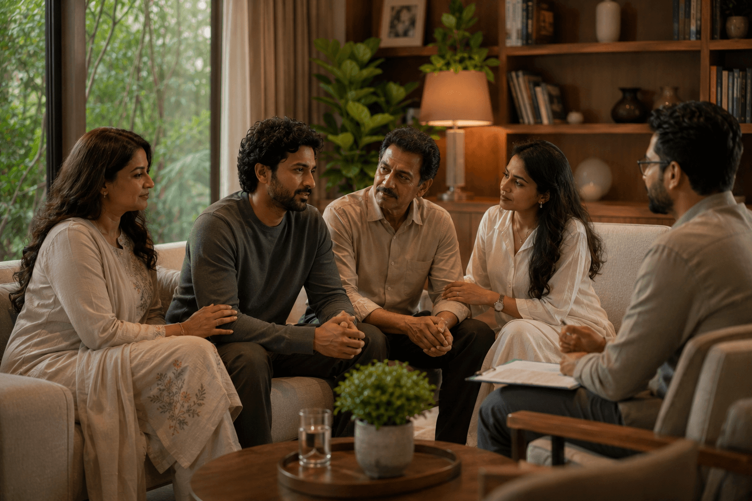 An Indian couple in a family therapy session at SimranShri with a counsellor