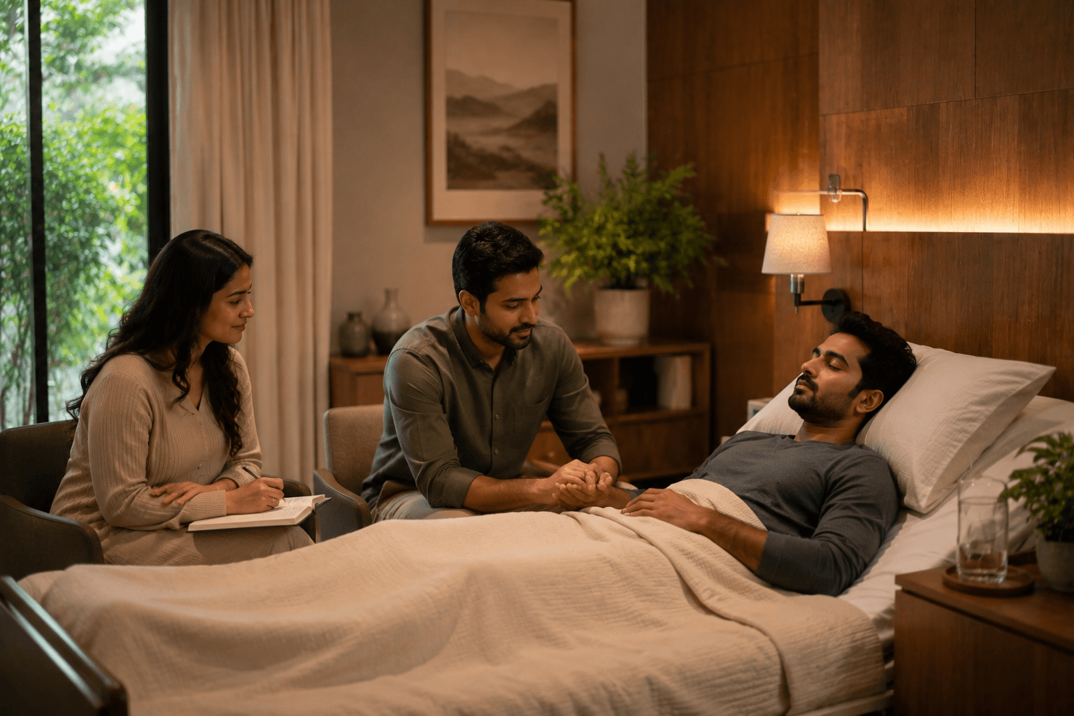 An Indian patient resting under clinically supervised withdrawal support care at SimranShri