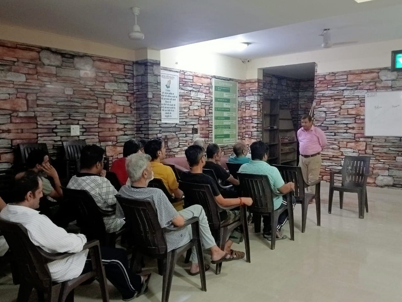 Group counselling session at SimranShri — the shared format the 12-step programme uses every day