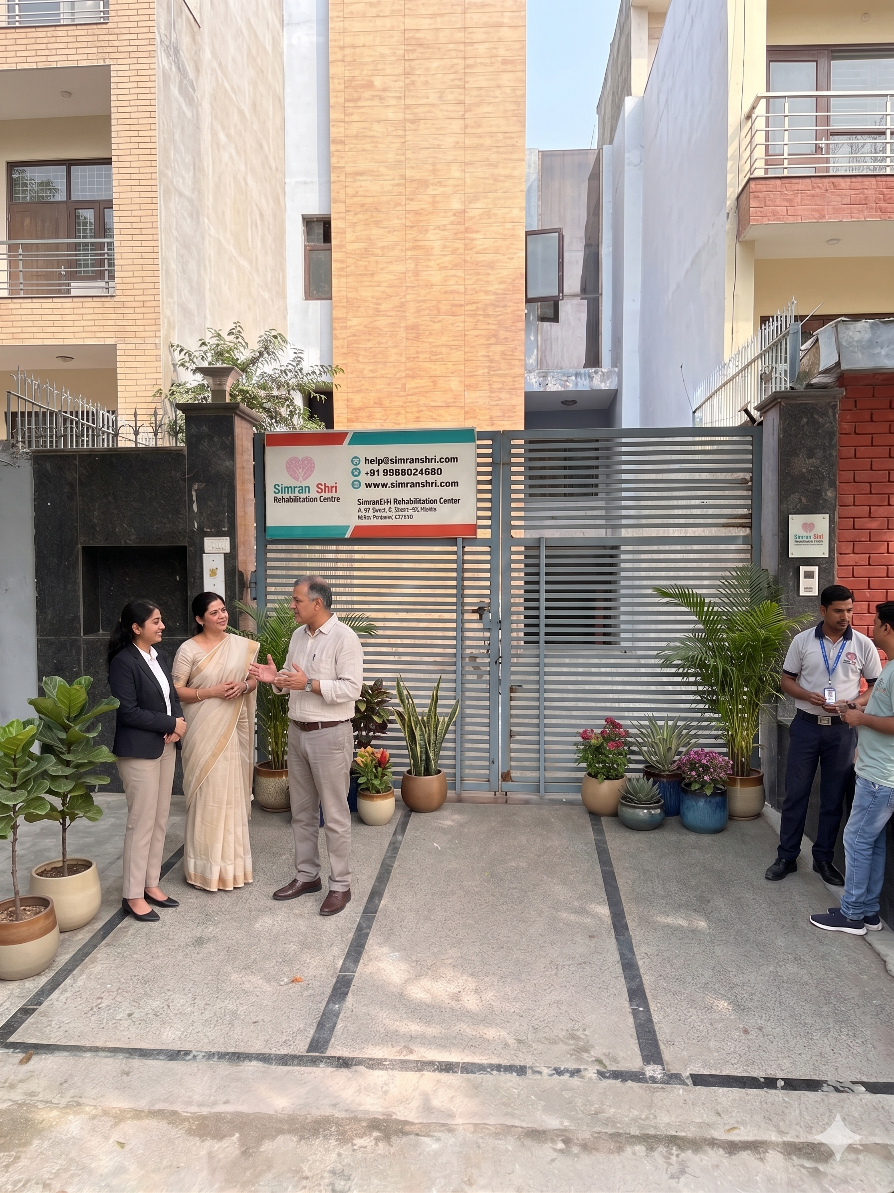 SimranShri Rehabilitation Centre entrance in Noida with the founder and clinical lead welcoming a visitor